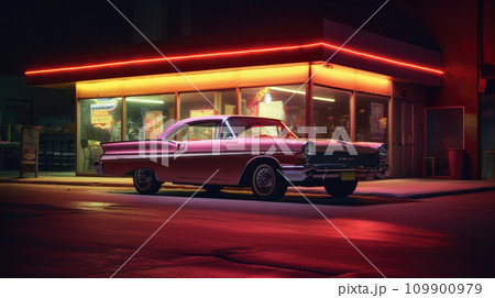 American vintage classic car in front of a dinner with neon signboard American vintage classic car in front of a dinner with neon signboard 109900979