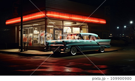 American vintage classic car in front of a dinner with neon signboard American vintage classic car in front of a dinner with neon signboard 109900980