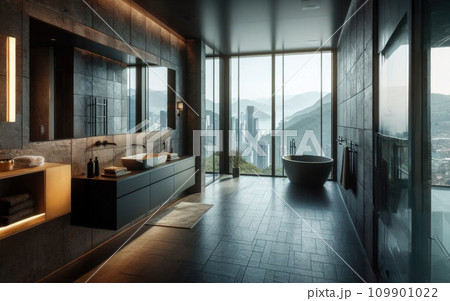 Big window with cityscape in modern black bathroom interior 109901022
