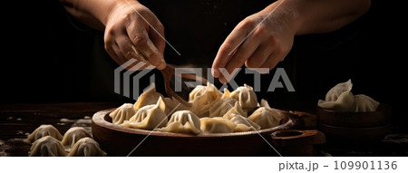 a person dumping dumplings into other food 109901136