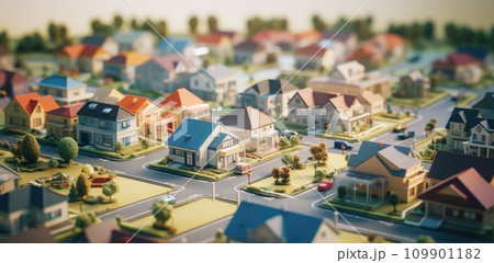 a cartoon photo of a suburb filled with houses 109901182