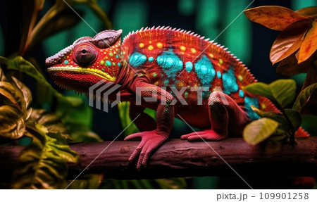 a chameleon is perched on a tree branch 109901258