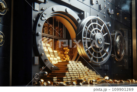 Open bank safe vault door with golden ingots peeking from inside Open bank safe vault door with golden ingots peeking from inside 109901269