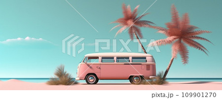 a beach scene with an old van and palm leaf on top 109901270
