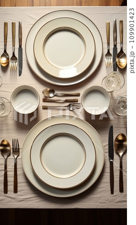 Top view of a set table with empty plates and glasses Top view of a set table with empty plates and glasses 109901423