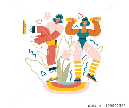 Valentine: Fitness Duo - modern flat vector concept illustration of a couple engaging in a fun aerobics workout together. Metaphor for the strength and vitality of their partnership 109901563