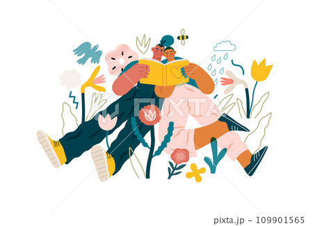 Valentine: Literary Love - modern flat vector concept illustration of a couple enjoying a book together in a serene natural setting. Metaphor for shared interests and intellectual harmony Valentine: Literary Love - modern flat vector concept illustration of a couple enjoying a book together in a serene natural setting. Metaphor for shared interests and intellectual harmony 109901565