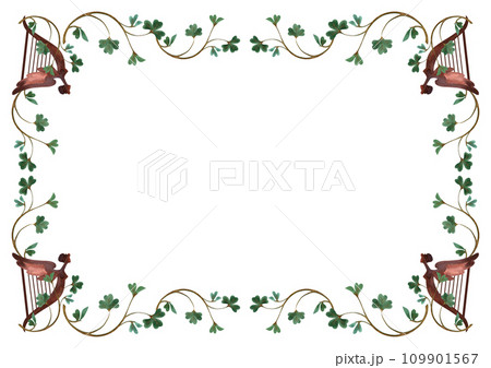 Frame of shamrock clover sprigs with Celtic harps. Decoration for St. Patrick's Day. Isolated watercolor illustration on white background. Clipart. 109901567