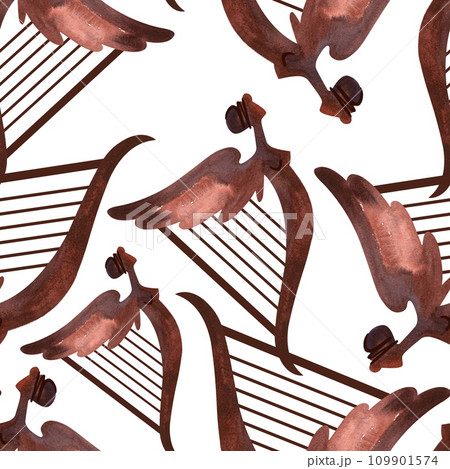 Wooden Celtic harp with a female silhouette. Seamless pattern with symbols of Ireland. Wrapping paper for St. Patrick's Day. Watercolor in vintage style on a white background. Wooden Celtic harp with a female silhouette. Seamless pattern with symbols of Ireland. Wrapping paper for St. Patrick's Day. Watercolor in vintage style on a white background. 109901574