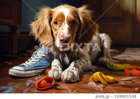Dog chewed wallpaper and shoes 109901598