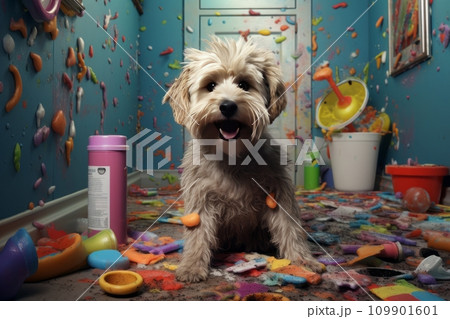 Mischievous dog chewed and scattered toilet paper Mischievous dog chewed and scattered toilet paper 109901601