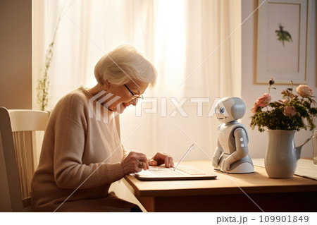 a female elderly lady playing with a smart robot a female elderly lady playing with a smart robot 109901849
