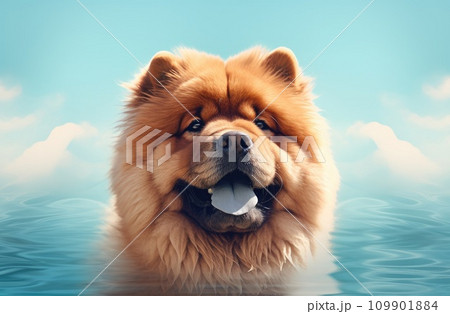 a chow chow is looking at some water on a green background 109901884