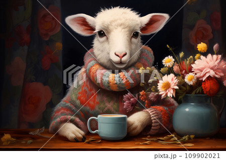 Portrait of cute white sheep in cozy warm sweater sitting at table with cup of coffee tea. Generative AI 109902021