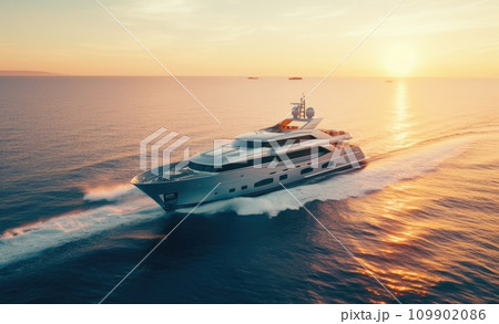 a large motor yacht at sunset 109902086
