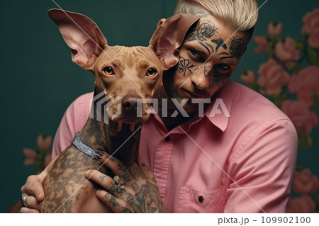a man with tattoos is holding a dog a man with tattoos is holding a dog 109902100