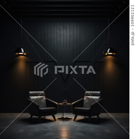 a dark room with 2 black chairs 109902121