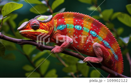 a chameleon is perched on a tree branch 109902122