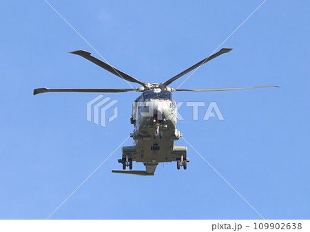 Royal Navy Merlin helicopter in flight Royal Navy Merlin helicopter in flight 109902638