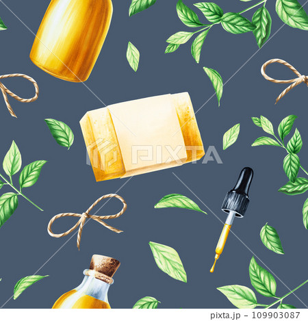 Watercolor seamless pattern with glass bottle, soap, pipette with oil, twine bow and fresh peppermint leaves isolated on background. Detail of beauty products and botany set, cosmetology and medicine 109903087
