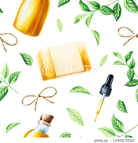 Watercolor seamless pattern with glass bottle, soap, pipette with oil, twine bow and fresh peppermint leaves isolated on background. Detail of beauty products and botany set, cosmetology and medicine 109903088