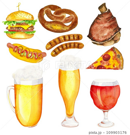 Set of beer, hamburger, pretzel, pizza and hot dog watercolor isolated on white background. Clipart. Watercolor hand drawn art illustration. For cards, handmade textiles, prints, menus, poster Set of beer, hamburger, pretzel, pizza and hot dog watercolor isolated on white background. Clipart. Watercolor hand drawn art illustration. For cards, handmade textiles, prints, menus, poster 109903176