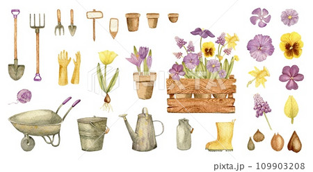 Set of spring flowers and garden tools isolated on white background. 2024. Clipart. sticker pack. Watercolor hand drawn art illustration. For cards, handmade textiles, prints, menus, poster 109903208