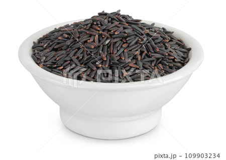 Black rice in a ceramic bowl isolated on white background with full depth of field 109903234
