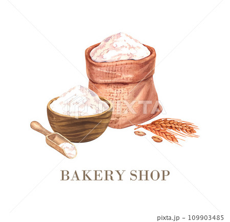 Bag with flour and wooden bowl with wheat flour, wooden scoop and grain and spikelets. Watercolor hand drawn illustration, isolated on white background. For bakery, cafe, restaurant menu element. Bag with flour and wooden bowl with wheat flour, wooden scoop and grain and spikelets. Watercolor hand drawn illustration, isolated on white background. For bakery, cafe, restaurant menu element. 109903485