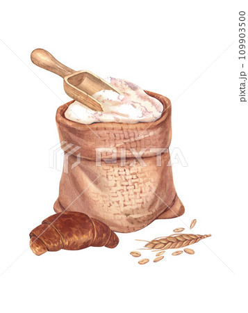 Burlap bag with flour and wooden scoop. Sack with wheat flour, spikelets and croissant. Watercolor hand drawn illustration, isolated on white background. For bakery, cafe, restaurant menu element. 109903500