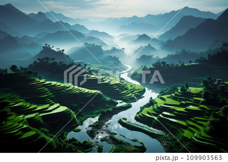 Terraced rice field in summer 109903563