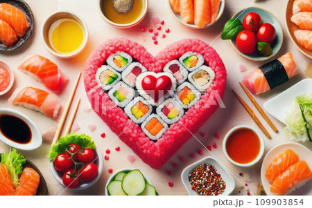Set sushi roll in the shape of a heart on a stone table. Valentine's day  romantic