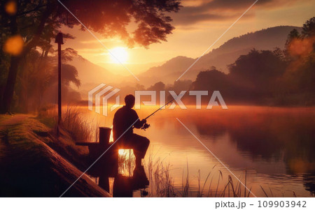 Fisher man fishing with spinning rod on a river bank at misty foggy sunrise 109903942