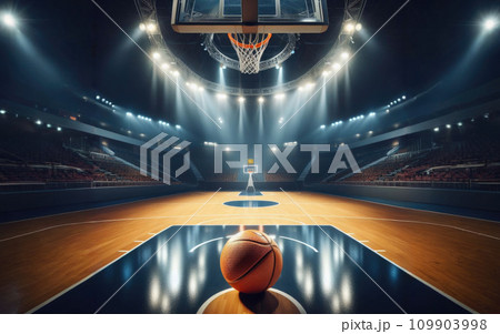 Basketball arena with wooden floor, lights reflectors, and tribune over blurred lights background. Classic Orange Basketball Ball On Wooden Sports Court Basketball arena with wooden floor, lights reflectors, and tribune over blurred lights background. Classic Orange Basketball Ball On Wooden Sports Court 109903998