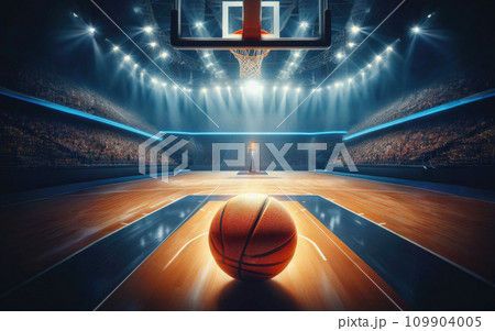 Basketball arena with wooden floor, lights reflectors, and tribune over blurred lights background. Classic Orange Basketball Ball On Wooden Sports Court Basketball arena with wooden floor, lights reflectors, and tribune over blurred lights background. Classic Orange Basketball Ball On Wooden Sports Court 109904005
