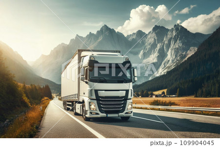 Large white transport truck transporting commercial cargo in semi trailer running on turning way highway road with scenic mountains mountaineous scenery in background Large white transport truck transporting commercial cargo in semi trailer running on turning way highway road with scenic mountains mountaineous scenery in background 109904045