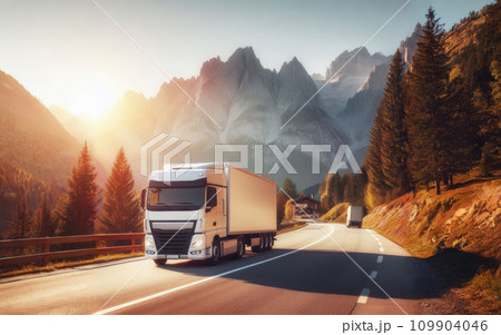 White truck driving on the highway winding through forested landscape at sunrise White truck driving on the highway winding through forested landscape at sunrise 109904046