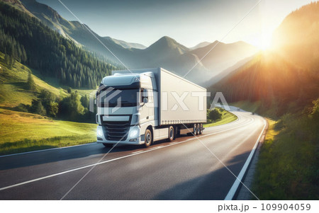 White truck driving on the highway winding through forested landscape at sunrise White truck driving on the highway winding through forested landscape at sunrise 109904059