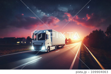 Long Haul Semi-Truck with Cargo Trailer Full of Goods Travels At Night on the Freeway Road 109904063