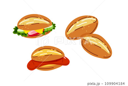 Bread rolls with vegetables or sandwich with grilled sausage.Vector illustration 109904184