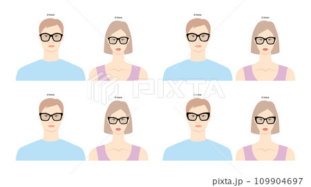 Set of D-frame frame glasses on women and men flat character fashion accessory illustration. Sunglass front view unisex Set of D-frame frame glasses on women and men flat character fashion accessory illustration. Sunglass front view unisex 109904697