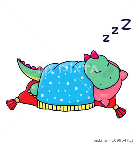 A cute cartoon dinosaur sleeps on a pink feather bed. Childrens vector illustration 109904713