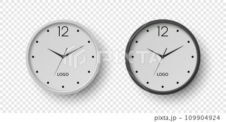 Vector 3d Round Wall Office Clock with White, Black Clock Dial Set Closeup Isolated. Watches, Design Template, Mock-up for Branding, Advertise. Vector Simple Minimalistic Clocks, Watches in Front View 109904924