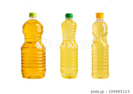 Vegetable oil in different bottle for cooking isolated on white background. 109905123