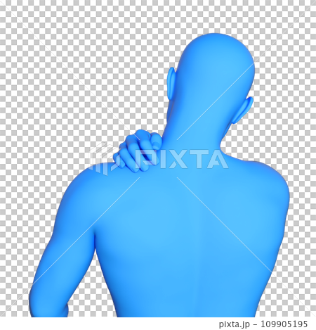 3D illustration of a blue mannequin from behind suffering from stiff shoulders 109905195