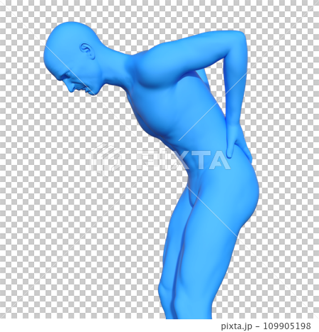 從側面觀看患有背痛的藍色人體模型的 3D 插圖 109905198