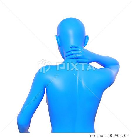 首こりに悩む女性の青いマネキンを後から見た3Dイラスト 109905202