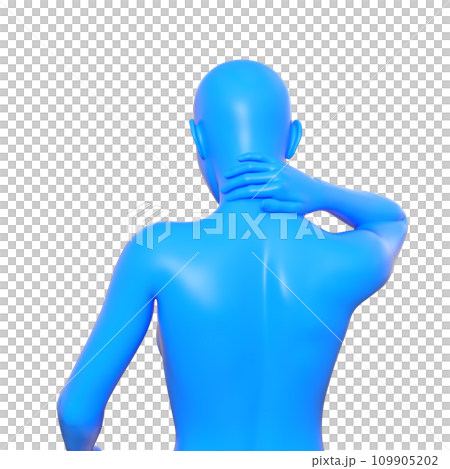 首こりに悩む女性の青いマネキンを後から見た3Dイラスト 109905202