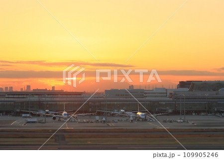 羽田空港の夜景　夕焼けに光る羽田空港 109905246