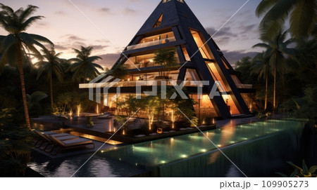 AI-generated content.  swimming pool near a pyramid-shaped house on a tropical island 109905273